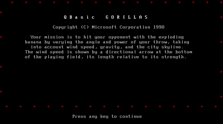 Gorillas QBASIC — emulated screenshot