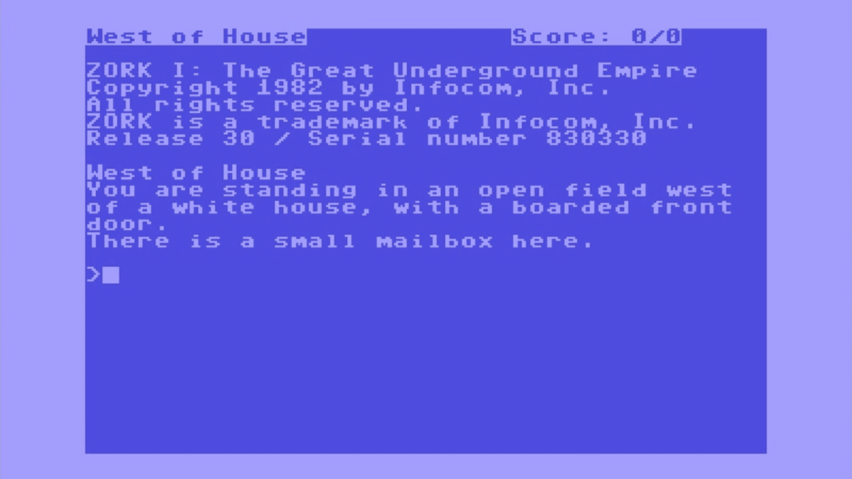 Zork I — Commodore 64 opening screen, "West of House" with score strip and the canonical "You are standing in an open field west of a white house" prose